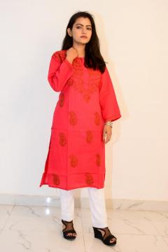 Buy Hand Embroidered Lucknowi Chikan Red Cotton 