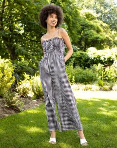 Shirred Jumpsuit With Wide Leg In Black And Whit