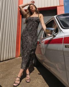Strappy Side Split Midi Dress In Leopard Print