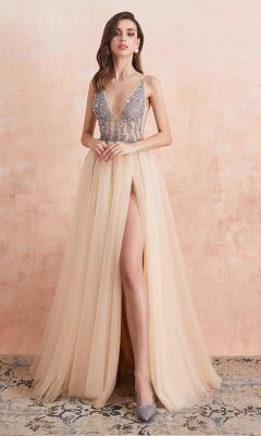 Sparkly Light Champagne Slit Prom Dresses