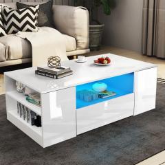 Led Coffee Table Wooden 2 Drawer Storage High Gl