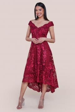 Goddiva Embroidered Lace Midi Dress With Asymmet