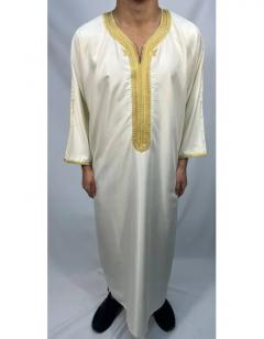 High-Quality White Moroccan Thobe With Gold Embr