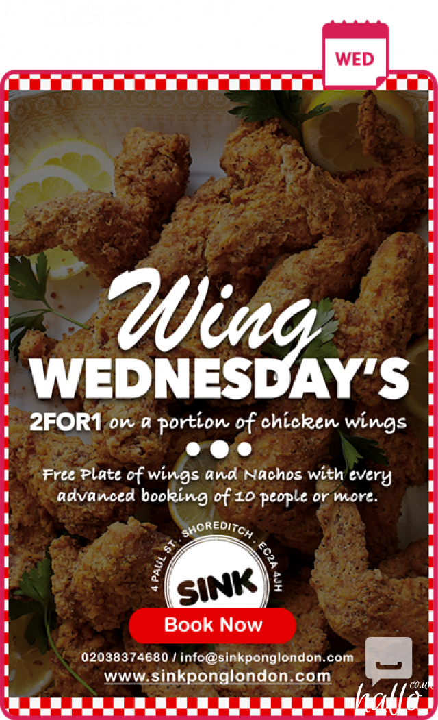 Grab Your Wings Wednesday Offer at Sink Pong London Hackney Greater